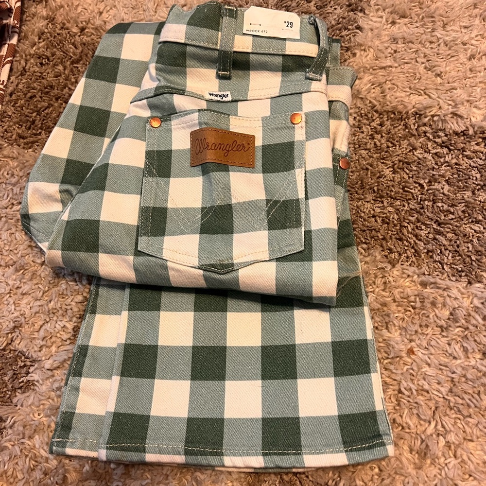 Wrangler Green and White Checkered Flare Jeans